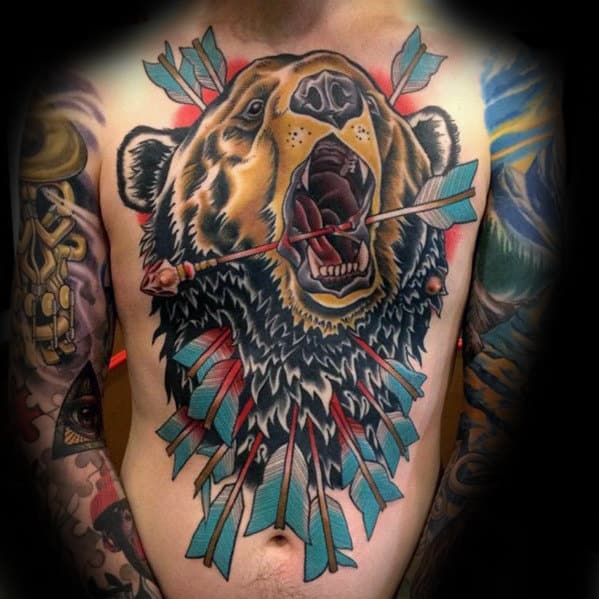 Old School Traditional Bear With Arrows Guys Cool Full Chest Tattoo