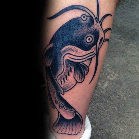 Old School Traditional Catfish Tattoos For Males On Lower Leg