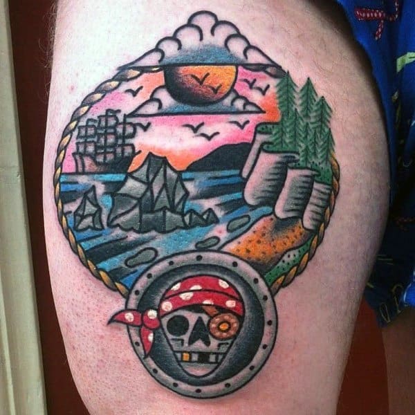 Old School Traditional Cool Goonies Mens Thigh Tattoos