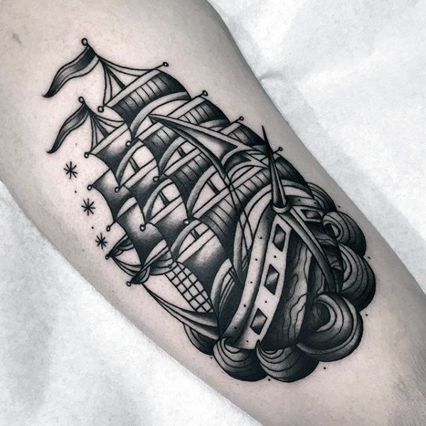 Old School Traditional Coolest Small Sailing Ship Arm Tattoos For Men