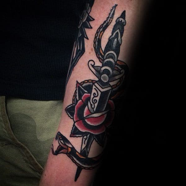 Old School Traditional Dagger Male Retro Snake Tattoos On Forearm