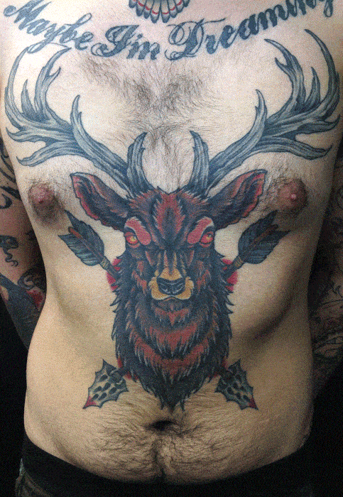 Old School Traditional Deer Arrows Male Chest Tattoo