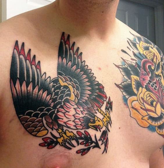 Old School Traditional Eagle With Olive Branch In Claws Mens Chest Tattoo