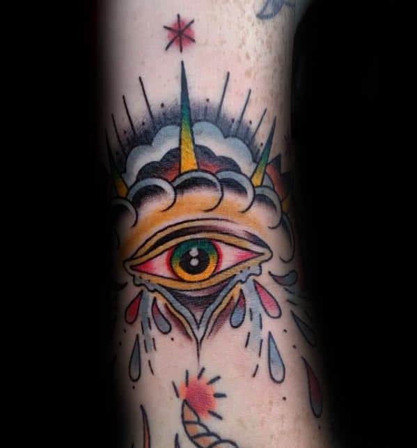 Old School Traditional Eye With Tears And Clouds Ditch Mens Tattoo Designs