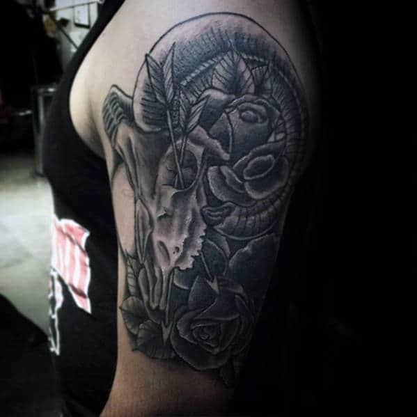 Old School Traditional Goat Skull With Rose Flowers Tattoo Sleeve For Guys