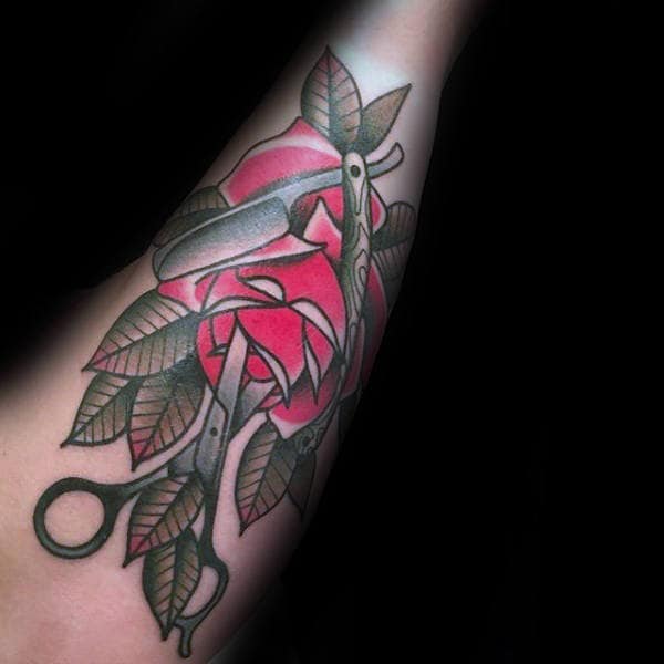 Old School Traditional Guys Scissor Red Rose Flower Tattoo On Forearm