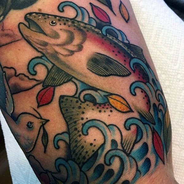 Old School Traditional Guys Water Splashing Trout Inner Arm Bicep Tattoo