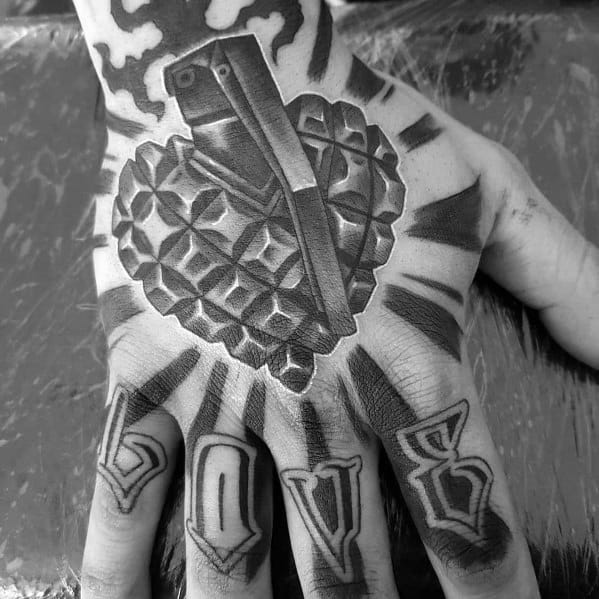 Old School Traditional Hand Male 3d Grenade Heart Themed Tattoo Inspiration