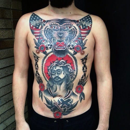 Old School Traditional Jesus Male Tattoos On Chest