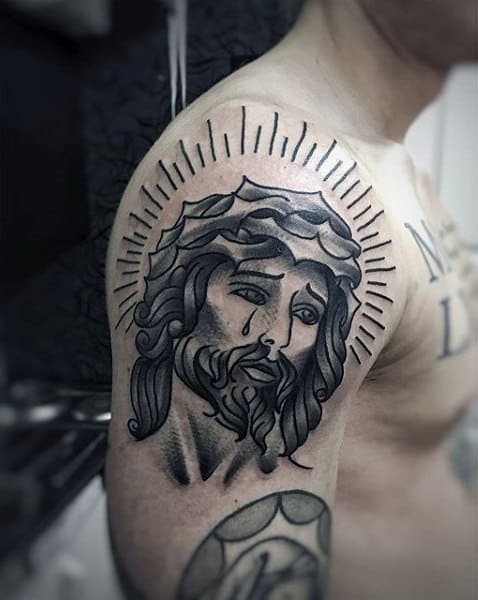 Old School Traditional Jesus Tattoo For Men On Upper Arm