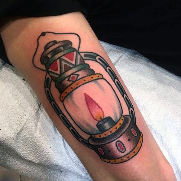 Old School Traditional Lantern Guys Arm Tattoo Inspiration