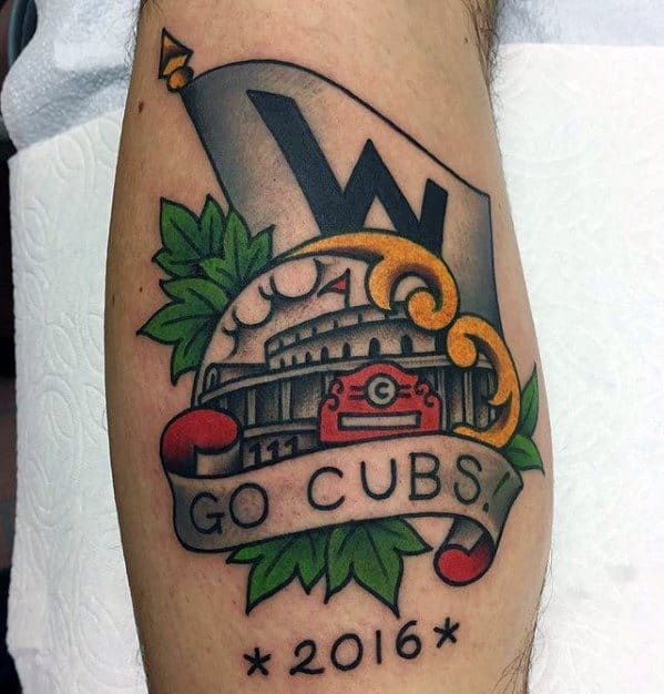 Old School Traditional Leg Calf Chicago Cubs Male Tattoos.