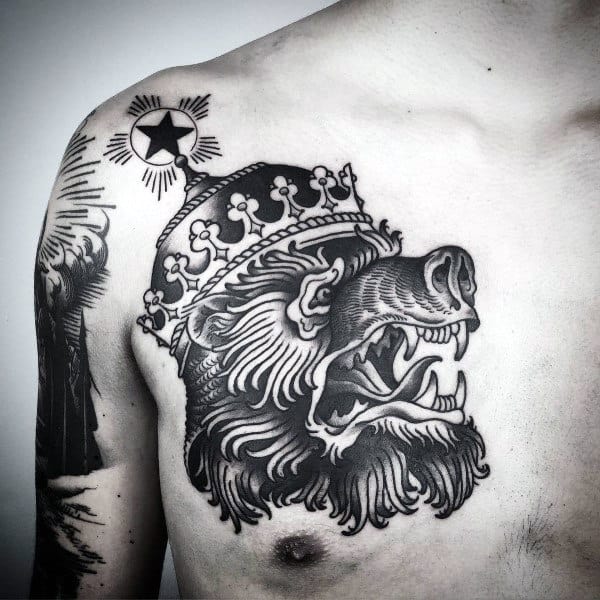 Old School Traditional Lion With Crown Mens Chest Tattoos