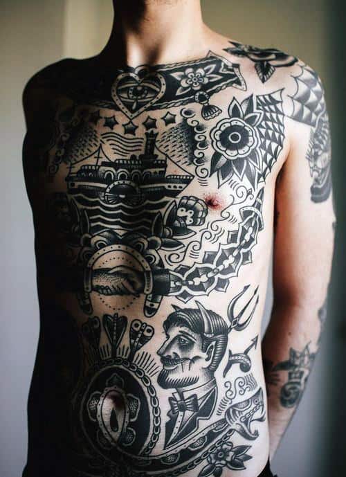 Old School Traditional Male Black Ink Tattoo On Chest