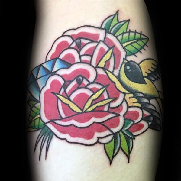 Old School Traditional Mens Red Rose Flower With Diamond Leg Tattoo