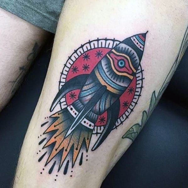 Old School Traditional Rocket Ship Thigh Tattoo For Men