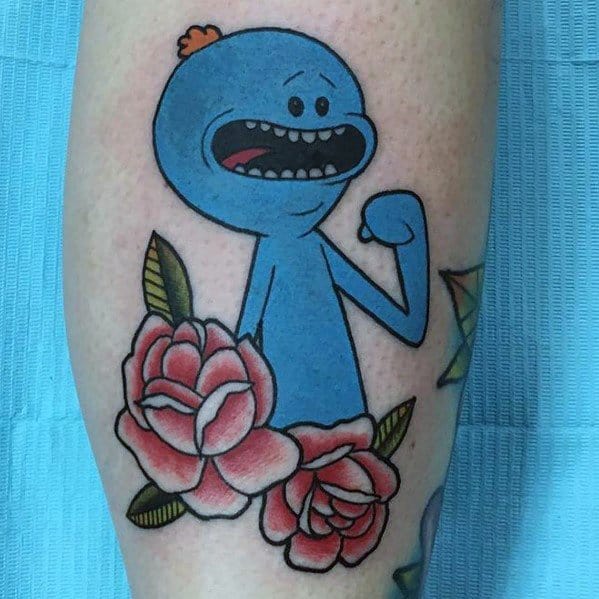Old School Traditional Rose Flowers With Mr Meeseeks Tattoos For Men