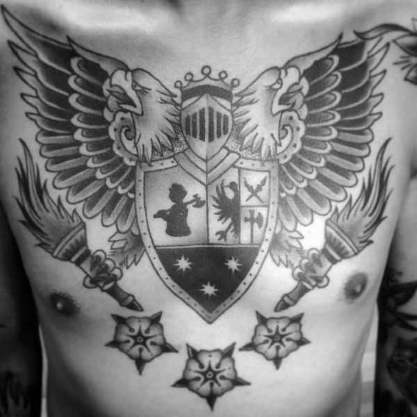 Old School Traditional Shield Themed Male Chest Tattoos