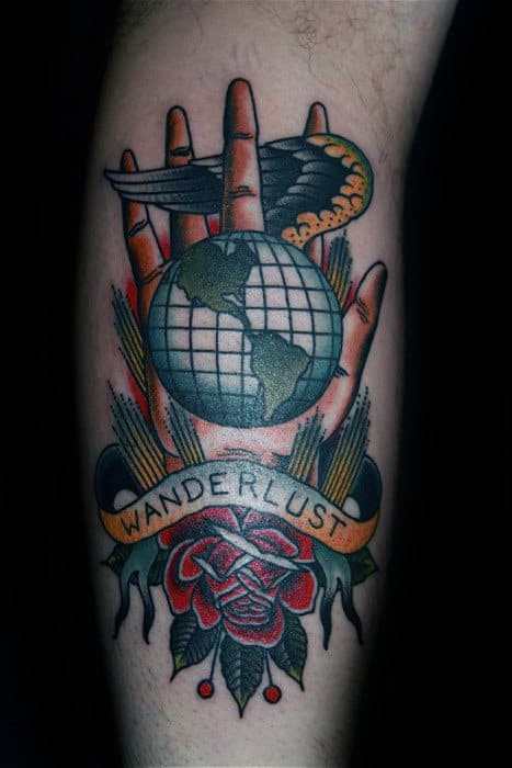 Old School Traditional Themed Male Wanderlust Leg Tattoo