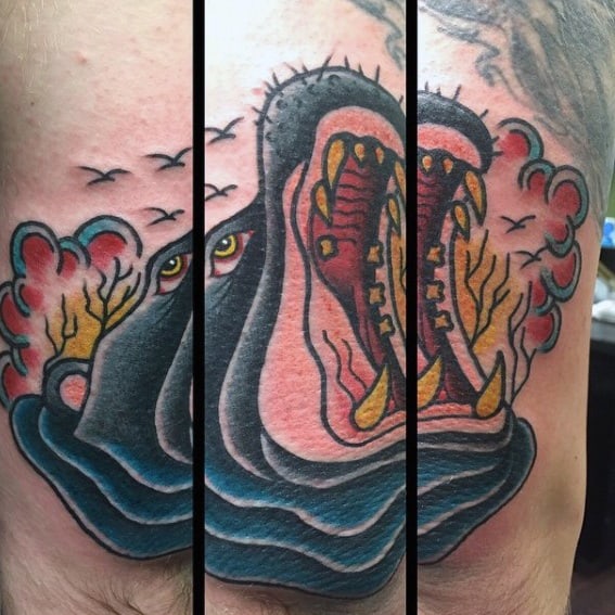 Old School Traditional Thigh Hippo Tattoo Designs For Guys