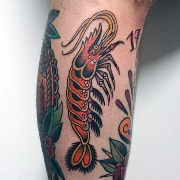 Old School Traditonal Leg Guys Tattoos With Shrimp Design