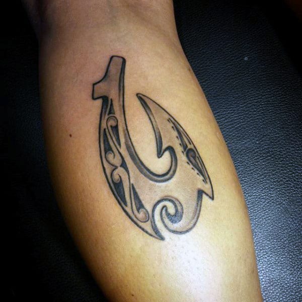 Old School Tribal Stone Fish Hook Forearm Tattoo For Guys