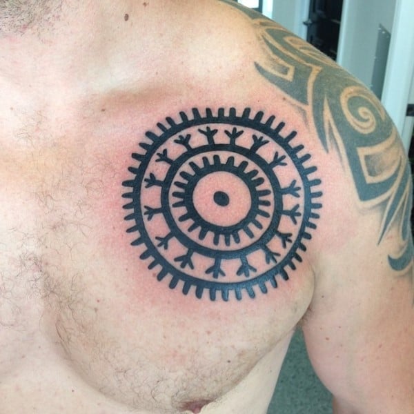 Old School Tribal Sun Male Upper Chest Tattoo