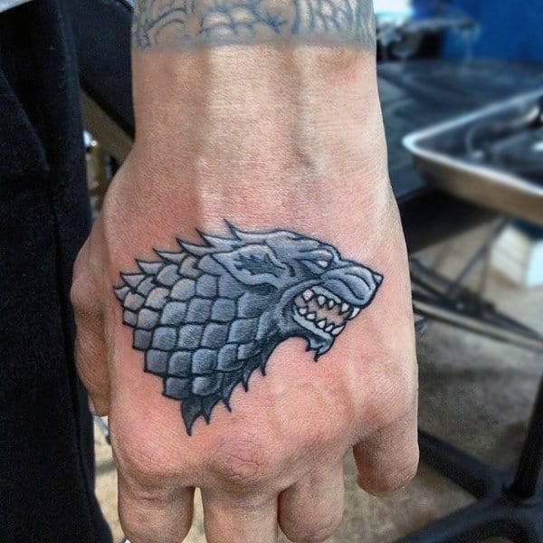 Old School Wolf Shaded White Ink Male Hand Tattoo