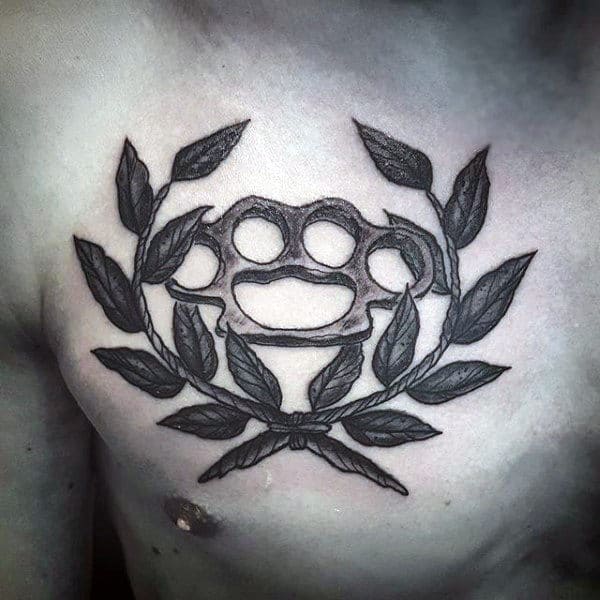 Olive Branch Brass Knuckles Mens Chest Tattoo