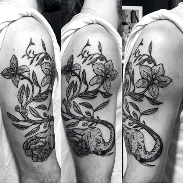 Olive Branch Flower Mens Elephant Trunk Tattoo On Upper Arm