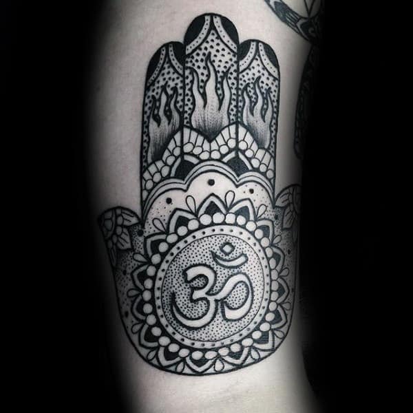 Om With Hamsa Pattern Mens Arm Tattoos
