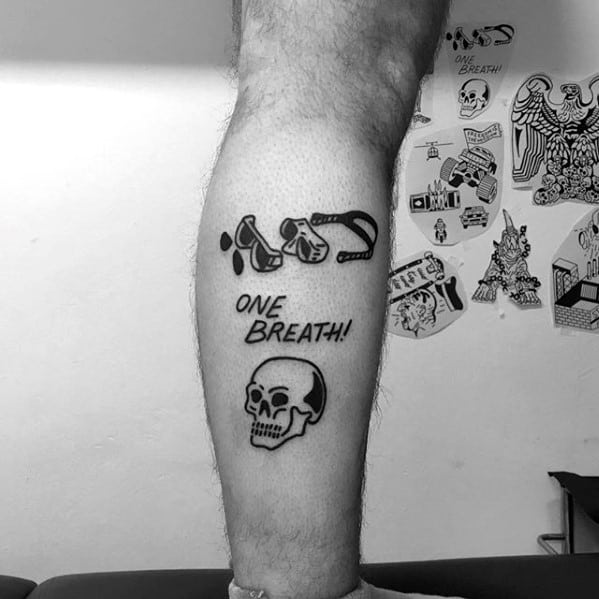 One Breath Simple Manly Skull Guys Side Of Leg Tattoo