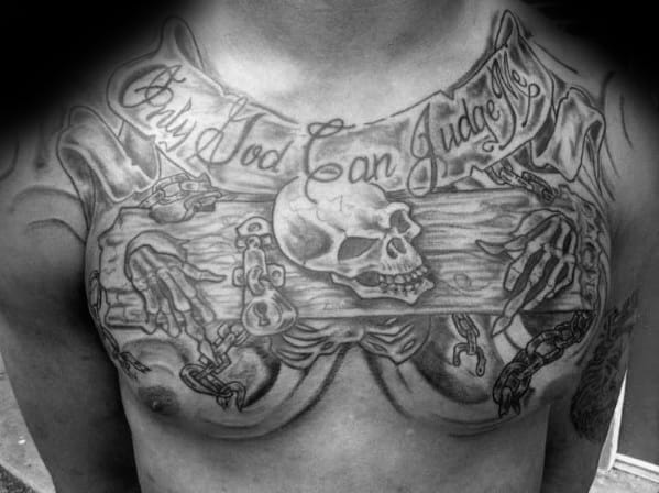 only god can judge me skeleton male chest tattoo