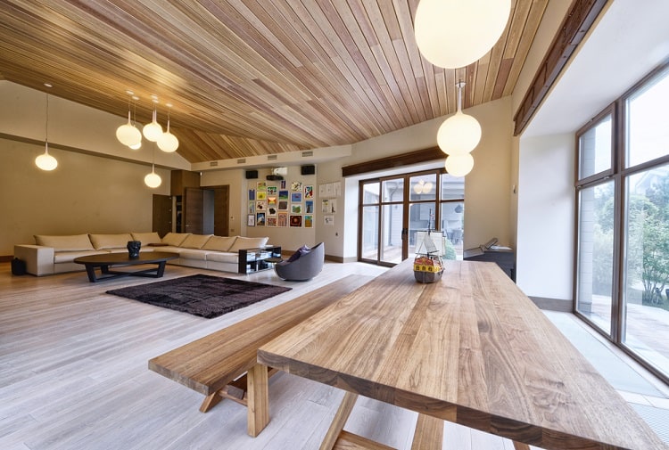 open floor plan living room beadboard ceiling