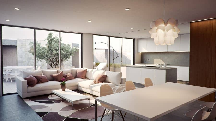 open plan living room kitchen with white sofa and dining table 