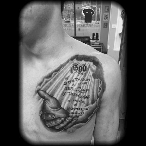 Black And Grey Praying Hands Tattoo On Chest