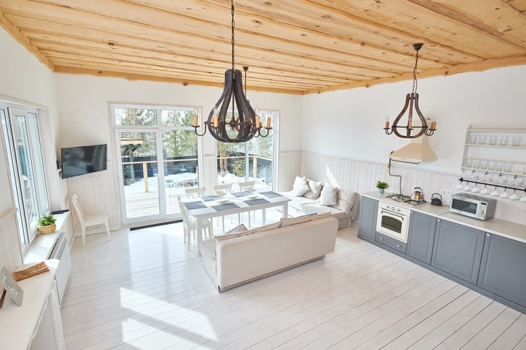 open modern living room kitchen wood ceiling