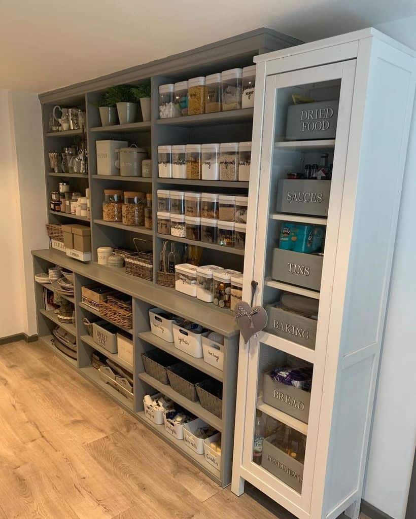 large gray open pantry shelving 