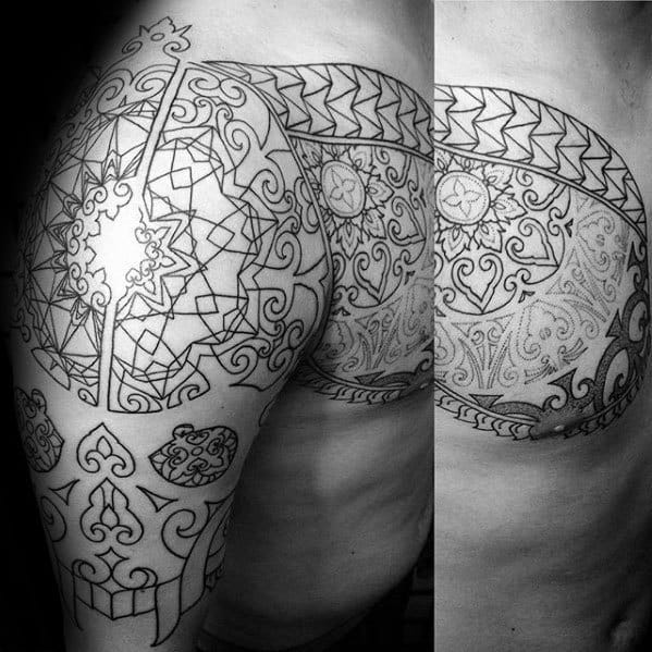Optical Illusion Half Sleeve Guys Tribal Skull Tattoo Designs
