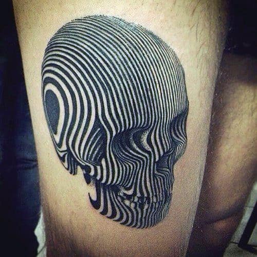 Optical Illusion Lines Thigh Badass Skull Tattoo Design Ideas For Males