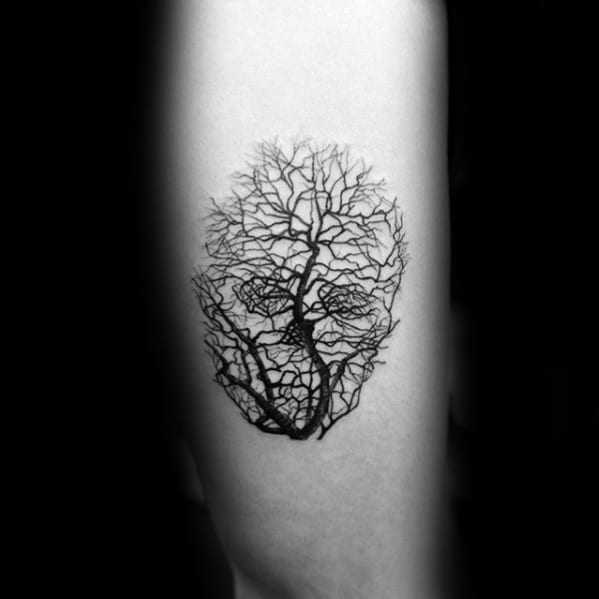 Optical Illusion Small Leg Calf Skull Tree Tattoo For Men
