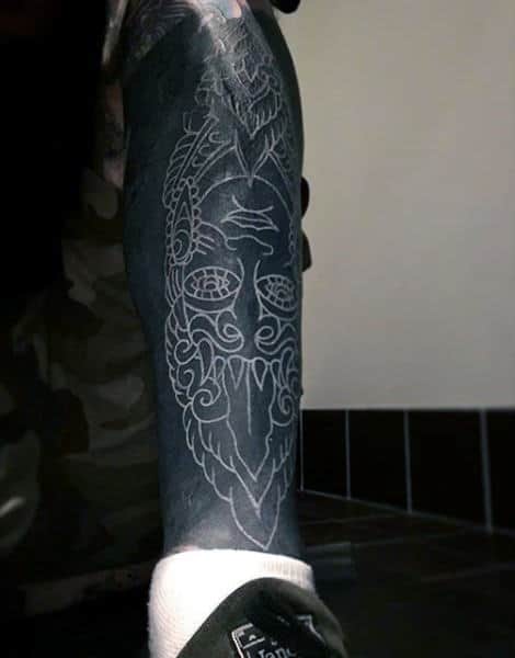 Optical Illusion White Ink Leg Sleeve Tattoo On Guy