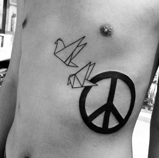 Oragami Mens Peace Sign Rib Cage Side Tattoos