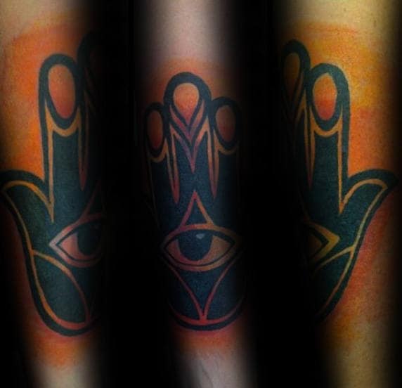 Orange And Black Ink Hamsa Mens Forearm Sleeve Tattoo