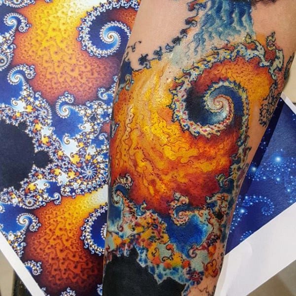 Orange And Blue Mens Factal Arm Tattoos