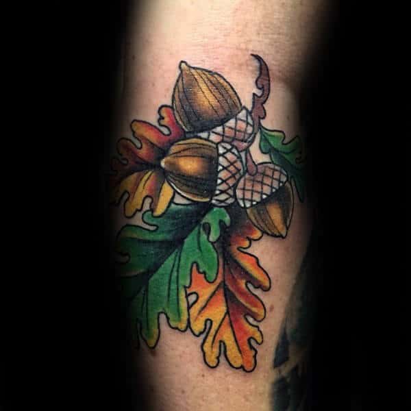 Orange And Green Oak Leaves Acorn Mens Arm Tattoos