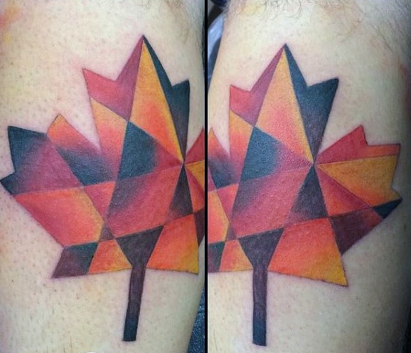 Orange And Yellow Maple Leaf Mens Small Leg Tattoo Ideas