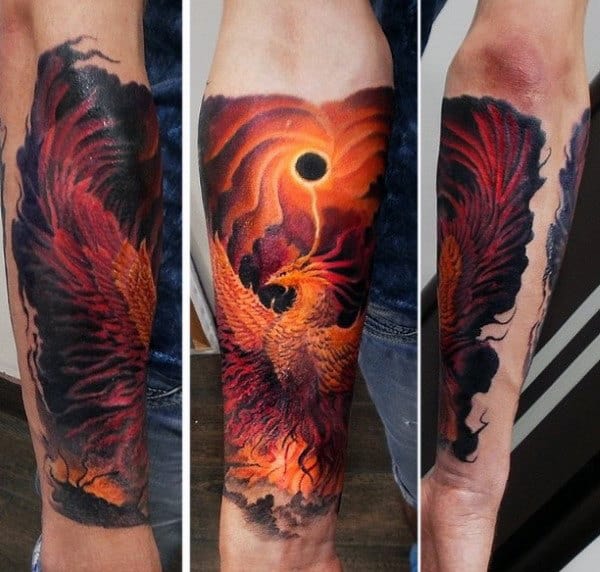 Orange Fire Phoenix Creative Mens Forearm Sleeve Tattoo