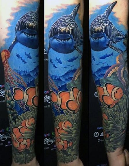 Orange Fish With Sharks Mens Coral Reef Sleeve Tattoo Designs