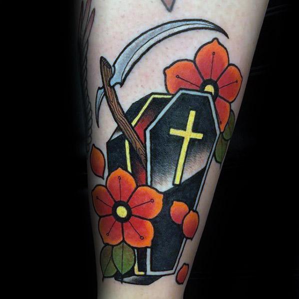 Orange Flower With Coffin And Scythe Guys Tattoos On Forearm